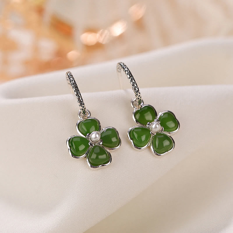 Mythstone 925 Sterling Silver Natural Cyan Jade Four Leaf Clover Luck Success Earrings