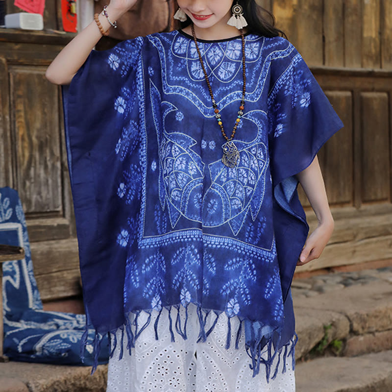 Mythstone Blue Tie Dye Koi Fish Shawl Tassels Soft Travel Pullover 90*95cm