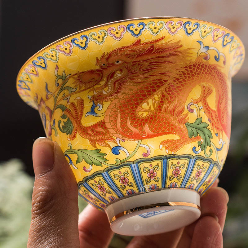 Mythstone Dragon Phoenix Flower Design Ceramic Gaiwan Sancai Teacup Kung Fu Tea Cup And Saucer With Lid