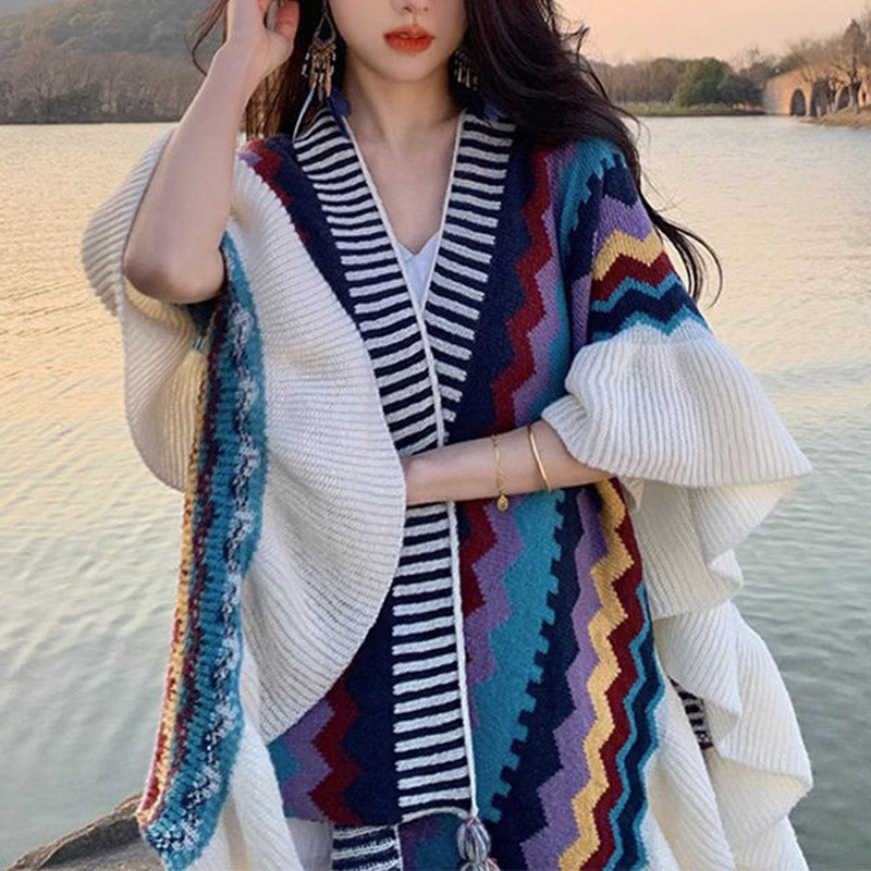 Mythstone Tibetan Shawl Colorful Striped Wavy Line Tassels Winter Cozy Travel Scarf Wrap