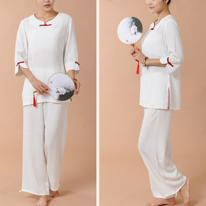 Mythstone 2Pcs Frog-Button Three Quarter Sleeve Shirt Top Pants Meditation Zen Tai Chi Linen Clothing Women's Set