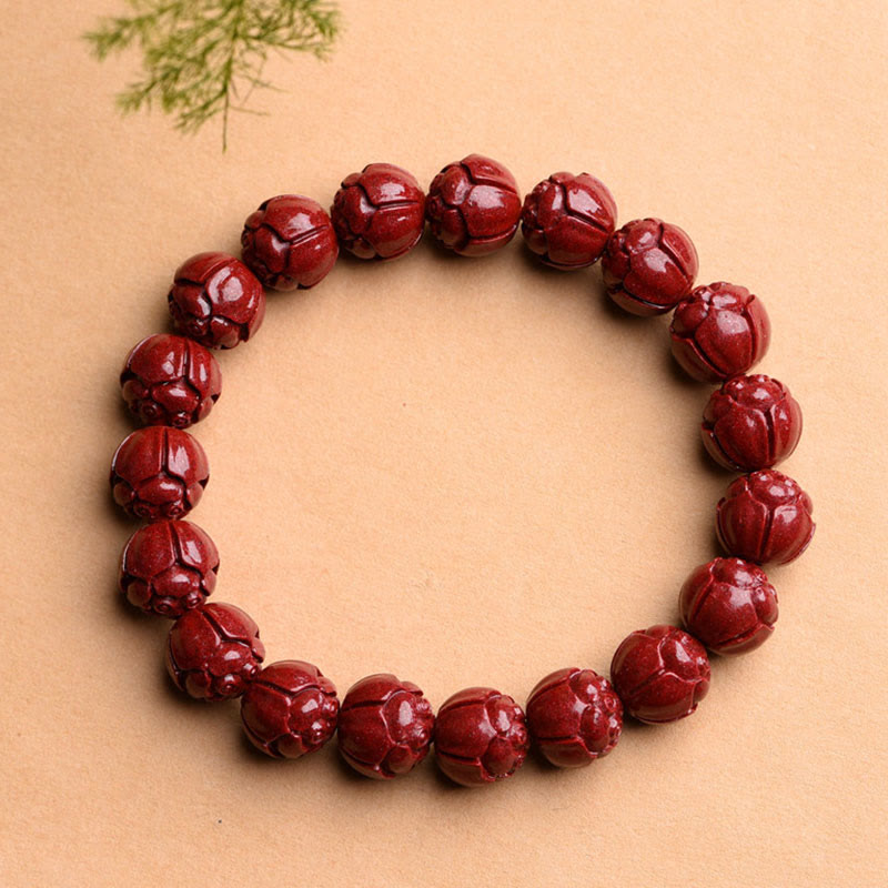 Mythstone Natural Cinnabar Om Mani Padme Hum Fret Pattern Lotus Blessing Bracelet