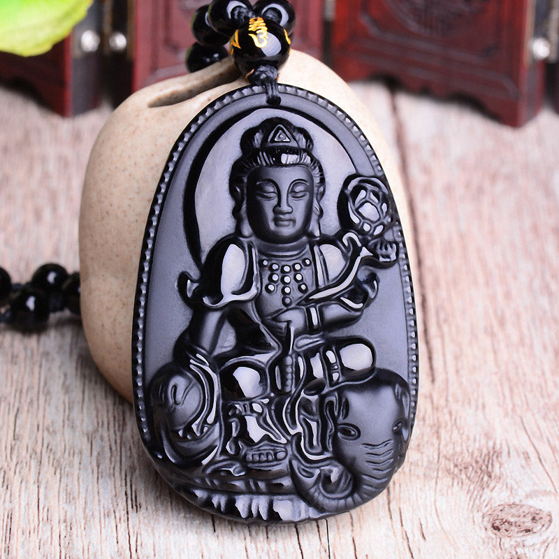 Mythstone Chinese Zodiac Obsidian Buddha Amulet Protection Pendant Necklace