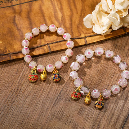 Mythstone Gold Swallowing Beast Family Charm Luminous Pink Love Heart Fluorescent Liuli Glass Bead Blessings Bracelet