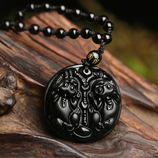 Mythstone Black Obsidian Double Pixiu Bead Rope Purification Necklace Pendant