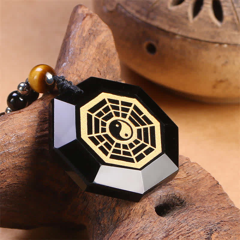 Mythstone Bagua Yin Yang Black Obsidian Purification Beaded Necklace Pendant