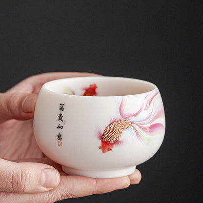 Mythstone Koi Fish White Porcelain Ceramic Teacup Kung Fu Tea Cup