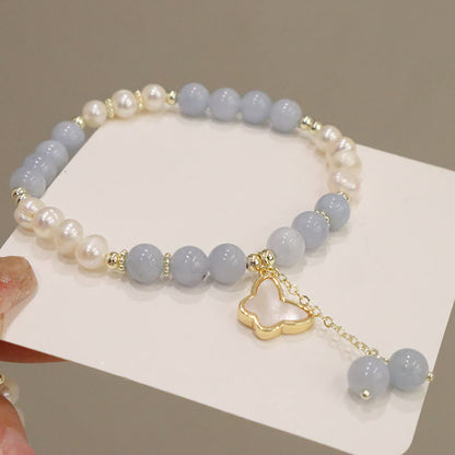 Mythstone Natural Aquamarine Pearl Healing Ginkgo Leaf Butterfly Charm Bracelet