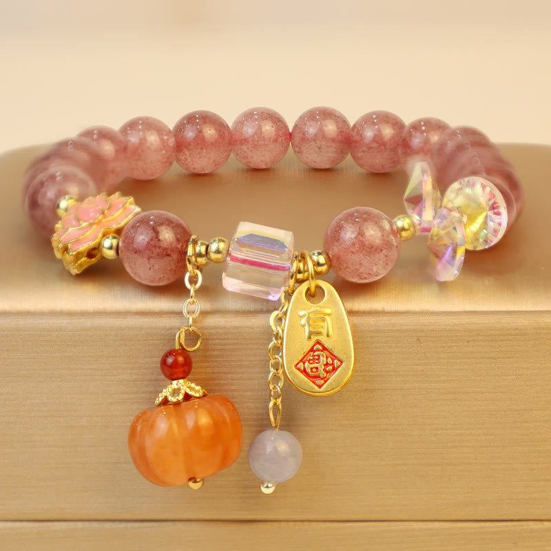 Mythstone Natural Strawberry Quartz Fu Character Pumpkin Charm Positive Bracelet