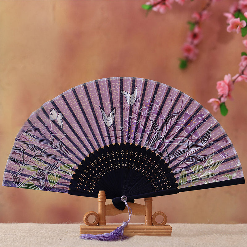 Mythstone Cherry Blossom Lily Butterfly Bamboo Handheld Bamboo Folding Fan 21cm