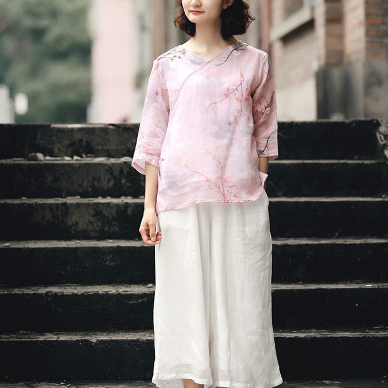 Mythstone V-Neck Pink Flower Pattern Ramie Linen Blouse Three Quarter Sleeve Shirt Top