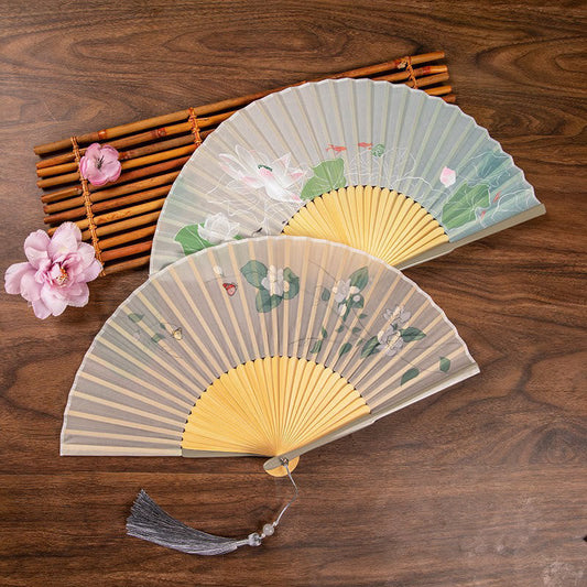 Mythstone Jasmine Lotus Begonia Flowers Handheld Bamboo Folding Fan