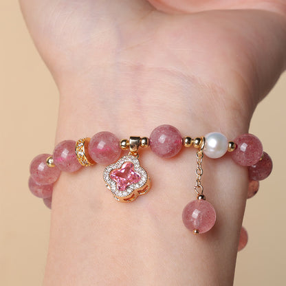 Mythstone Strawberry Quartz Pearl Four Leaf Clover Charm Healing Bracelet