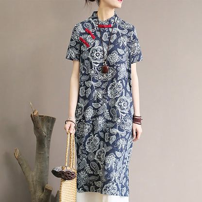 Mythstone Blue White Flower Frog-button Cheongsam Dresses Short Sleeve Linen Dresses With Pockets