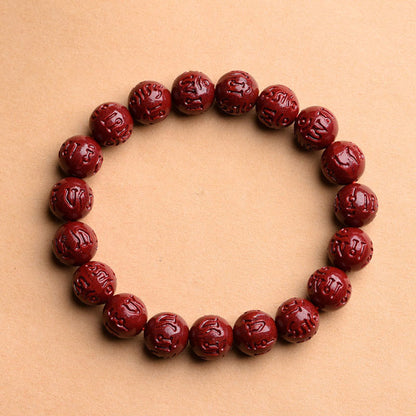 Mythstone Natural Cinnabar Om Mani Padme Hum Fret Pattern Lotus Blessing Bracelet