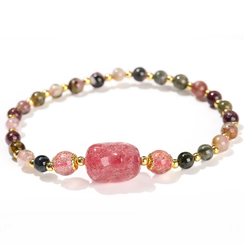 Mythstone Moonstone Strawberry Quartz Tourmaline PiXiu Healing Bracelet