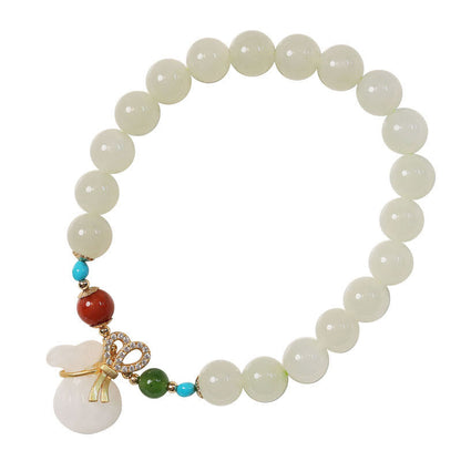 Pulsera de bendición con forma de bolsa de dinero bañada en oro de 14 quilates con jade blanco hetiano natural Mythstone