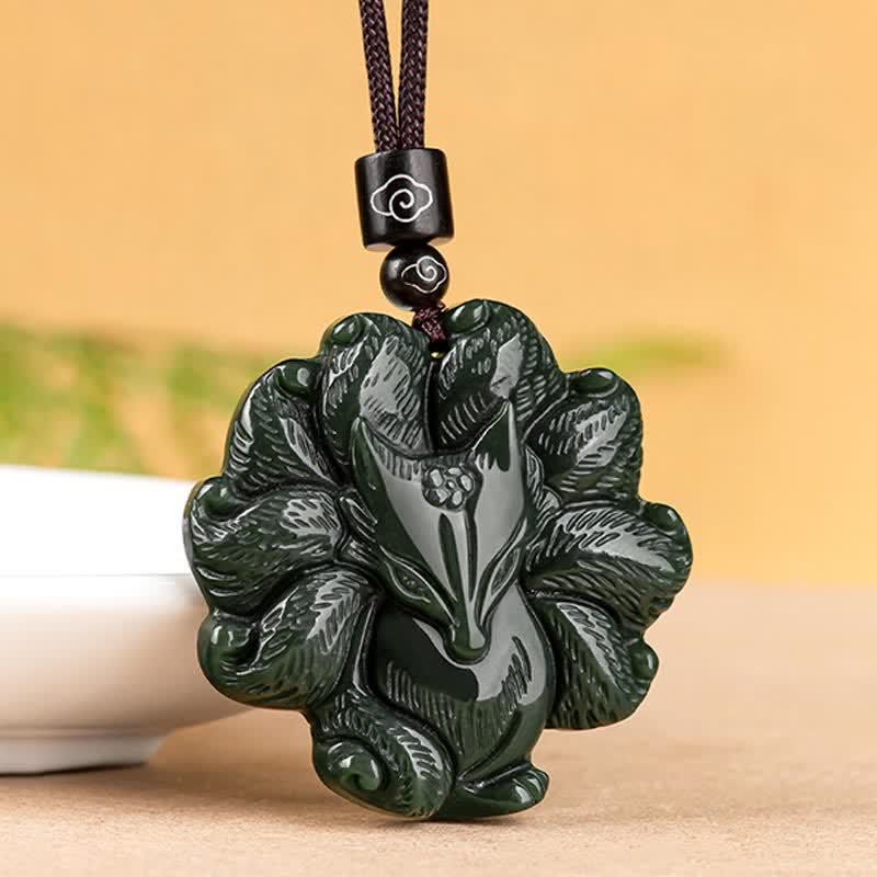 Mythstone Hetian Cyan Jade Nine Tailed Fox Luck Necklace String Pendant