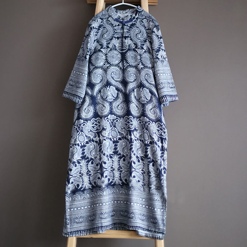 Mythstone Blue And White Porcelain Pattern Frog-button Midi Dress Three Quarter Sleeve Linen Batik Dress With Pockets