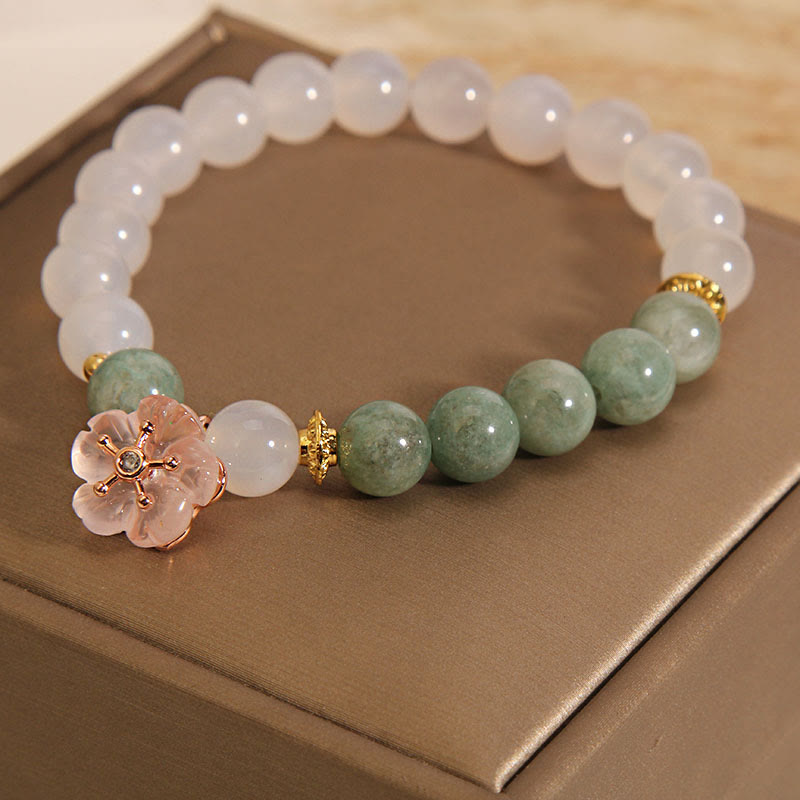 Mythstone White Agate Jade Flower Charm Luck Protection Bracelet