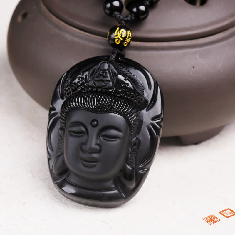 Collar con colgante de hilo de fuerza Avalokitesvara Kwan Yin de obsidiana negra natural Mythstone