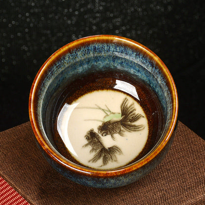 Mythstone Lotus Dragon Phoenix Koi Fish Chinese Jianzhan Ceramic Teacup Kung Fu Tea Cup 110ml