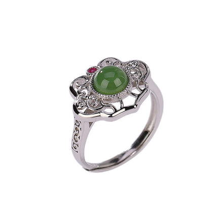 Juego de pendientes y anillo de la suerte con diseño hueco de jade cian hetiano natural en plata de ley 925 de Mythstone