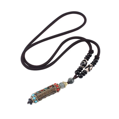 Mythstone Tibetan Om Mani Padme Hum Dzi Bead Wenge Wood Necklace Pendant