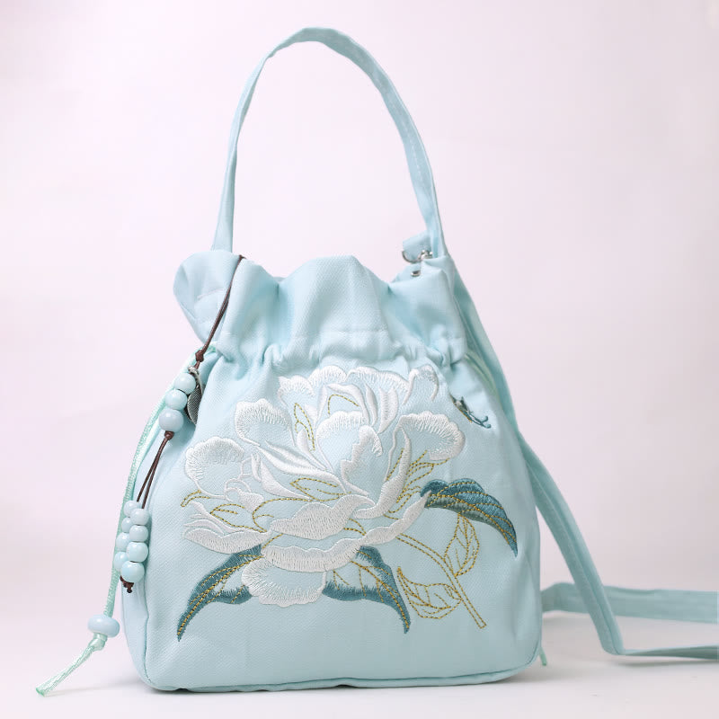 Mythstone Embroidered Flowers Wisteria Lily Cotton Linen Tote Crossbody Bag Shoulder Bag Handbag