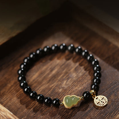 MythStone Natural Black Obsidian Hetian Jade Gourd Double Happiness Strength Bracelet