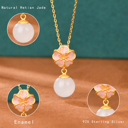 Mythstone 925 Sterling Silver Natural Hetian White Jade Cherry Blossom Sakura Luck Necklace Pendant Ring Earrings Set