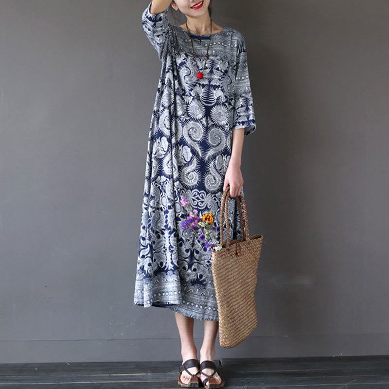 Mythstone Blue White Flower Printed Button Midi Dress Three Quarter Sleeve Cotton Linen Dress With Pockets