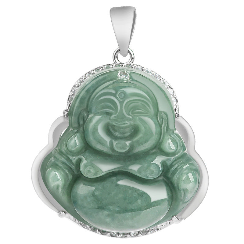 Mythstone 925 Sterling Silver Laughing Buddha Jade Abundance Necklace Chain Pendant