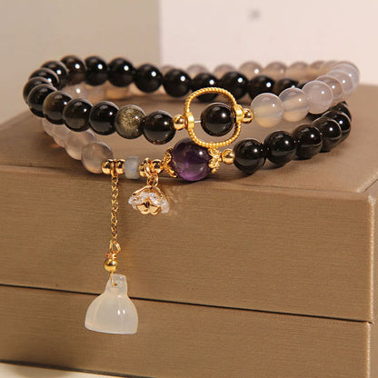 Mythstone Gold Sheen Obsidian Gray Agate Lotus Charm Strengthen Double Wrap Bracelet