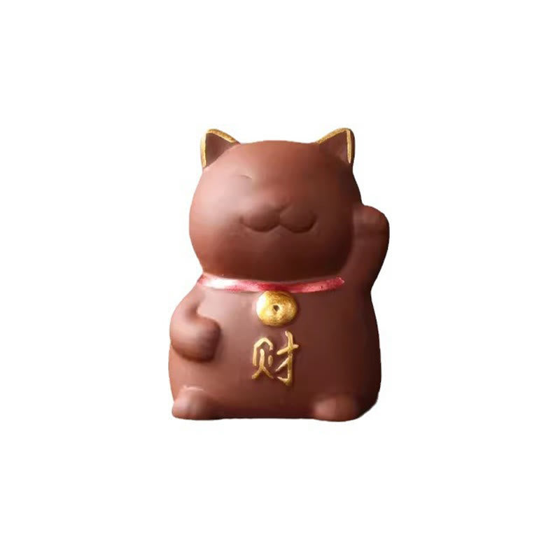 Mythstone Mini Lucky Cat Wealth Tea Pet Purple Clay Figurine Decoration