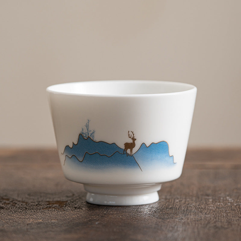 Mythstone Lotus Flower Leaf Mountain Pavilion Elk Peony Ceramic Teacup Kung Fu Tea Cup