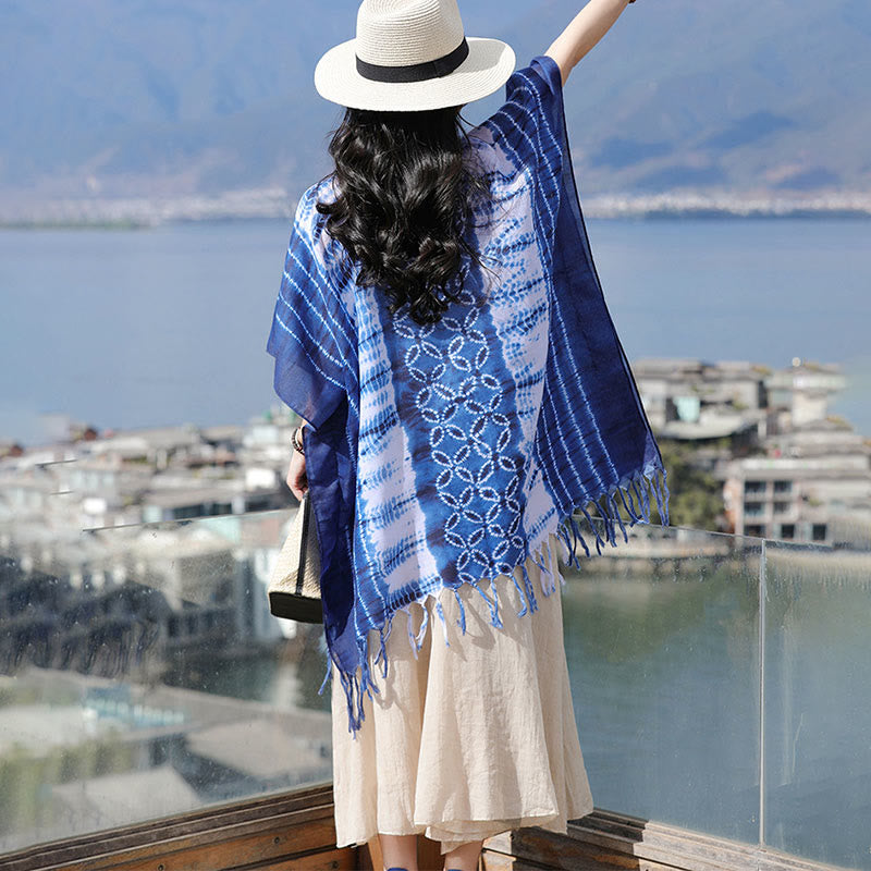 Mythstone Blue White Striped Indigo Dyeing Shawl Tassels Cozy Pullover 90*95cm