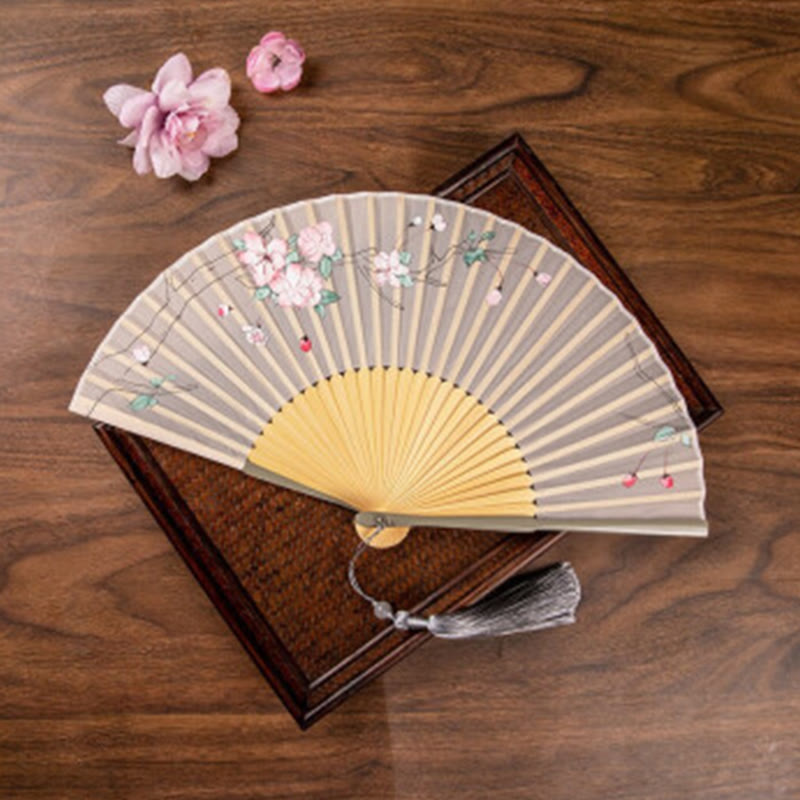 Mythstone Jasmine Lotus Begonia Flowers Handheld Bamboo Folding Fan