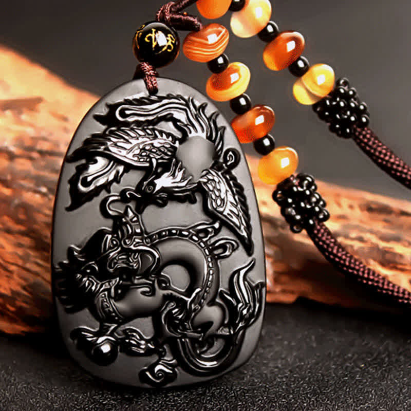 Mythstone Black Obsidian Tiger Eye Dragon Phoenix Protection Beaded Necklace Pendant