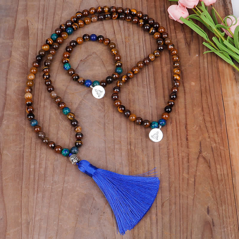 Mythstone 108 Mala Beads Tiger Eye Buddha Strength Bracelet Tassel Necklace Pendant