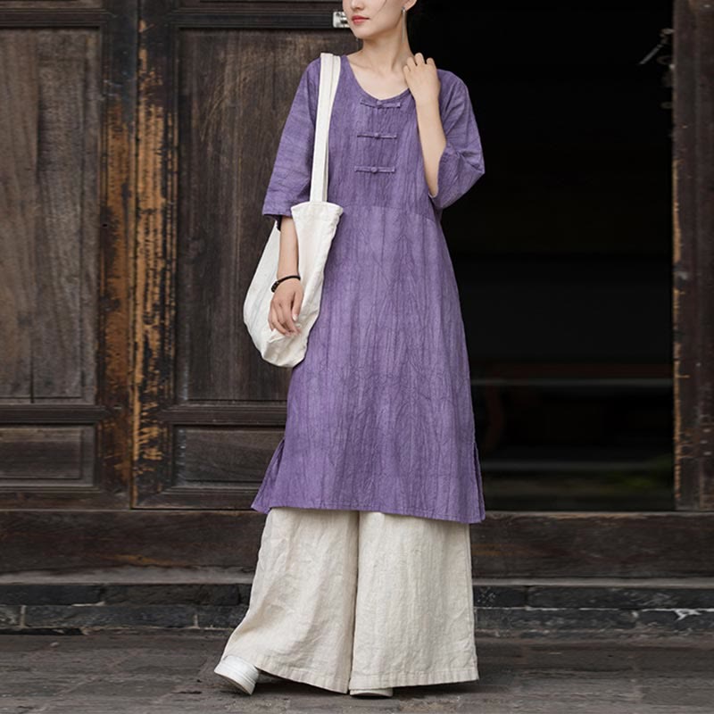 Mythstone Handmade Tie Dye Ramie Linen Frog-Button Midi Dress Wide Leg Pants With Pockets