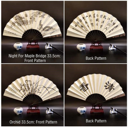 Mythstone Great Wall Mountains Trees Crane Bamboo Handheld Silk Bamboo Folding Fan 33.5cm