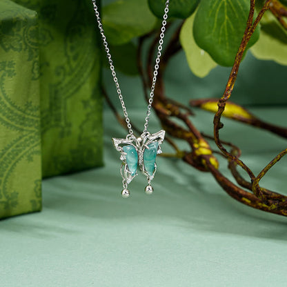 Mythstone 925 Sterling Silver Green Jade Butterfly Luck Necklace Pendant