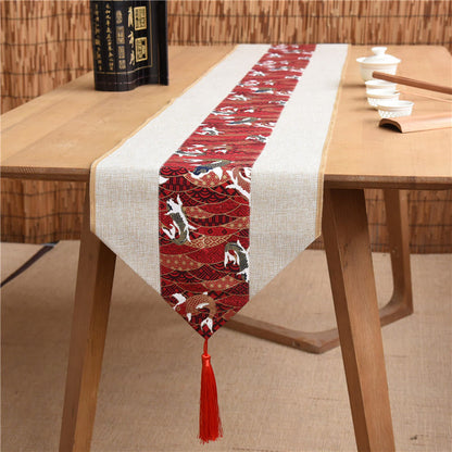 Mythstone Classic Chinese Style Lotus Koi Fish Flower Crane Calligraphy Enlightenment Cotton Linen Tassels Table Runner