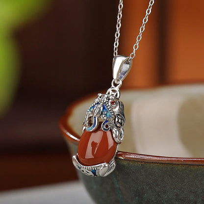 Mythstone 925 Sterling Silver Red Agate Copper Coins PiXiu Protection Ring Necklace Pendant Set