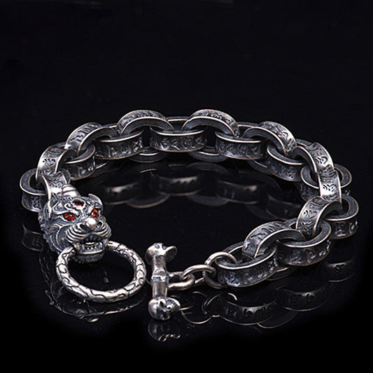 Mythstone 925 Sterling Silver Dragon Kirin Om Mani Padme Hum Success Strength Bracelet Bangle