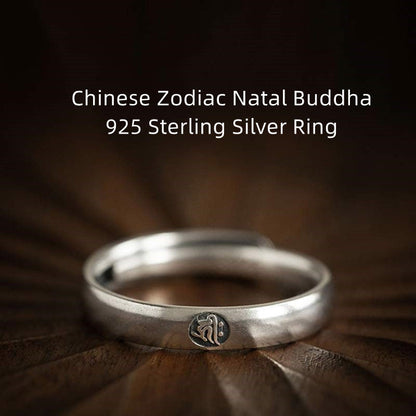 Mythstone 925 Sterling Silver Chinese Zodiac Natal Buddha Blessing Couple Ring