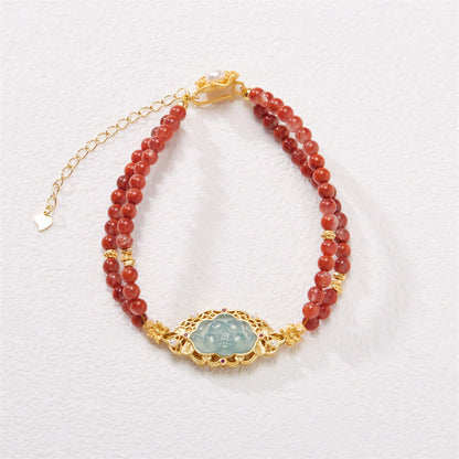 Pulsera de doble capa con ágata roja natural, jade y loto bañada en oro y plata de ley 925 de Mythstone 