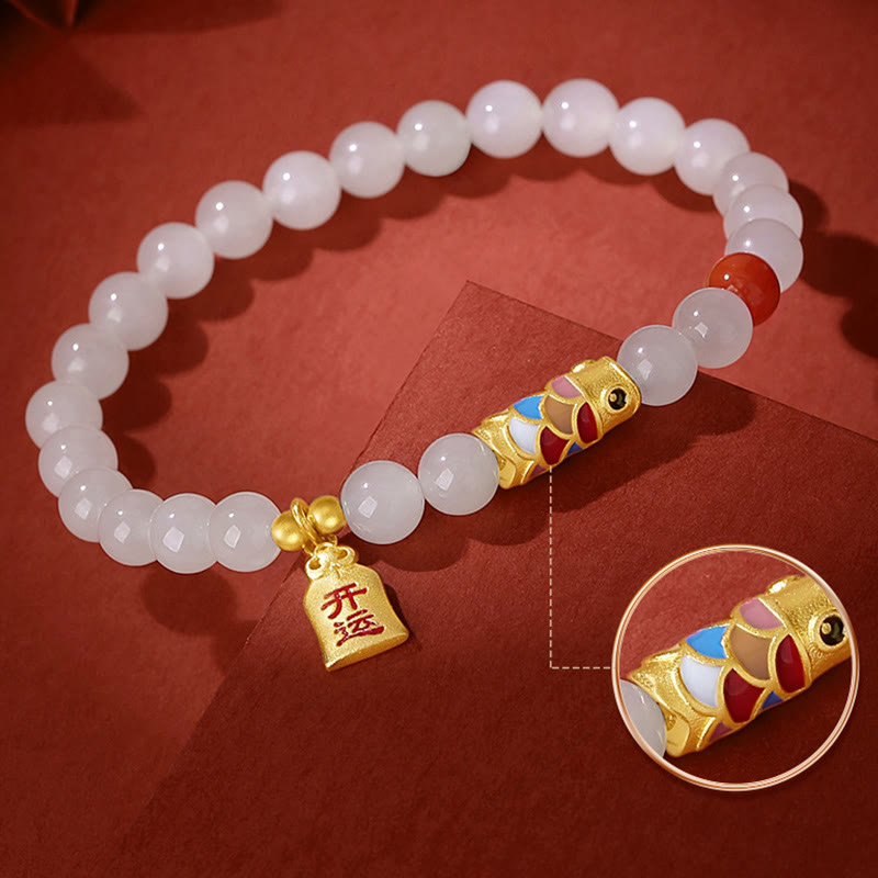 Pulsera de plata de ley 925 con diseño de pez koi, jade blanco hetiano, ágata roja y suerte