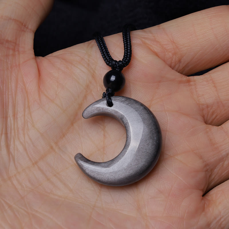 Mythstone Natural Silver Sheen Obsidian Selenite Crystal Crescent Moon Yin Yang Couple Protection Necklace Pendant